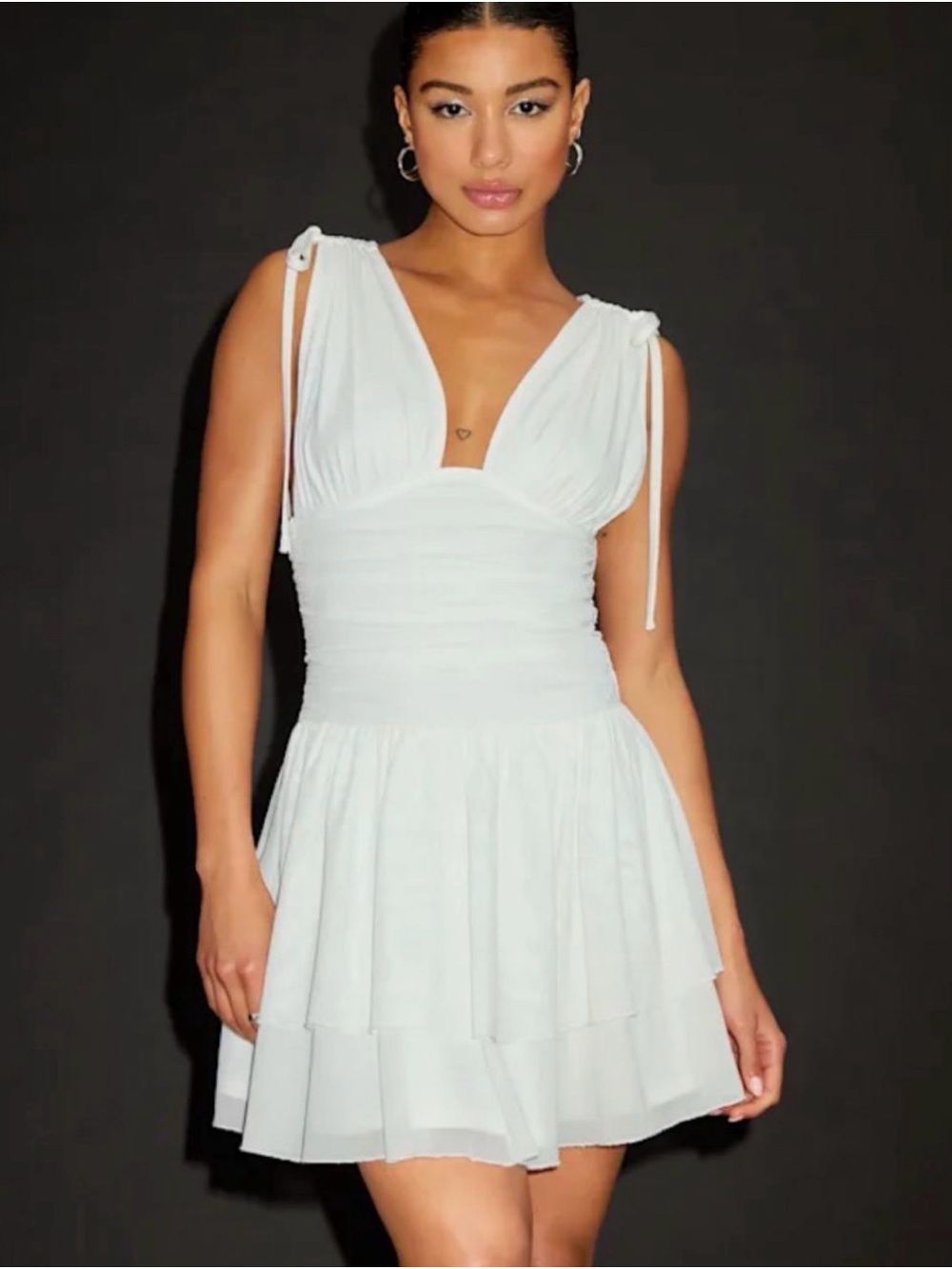 Lulu's White V-Neck Tie-Strap Tiered Mini Dress